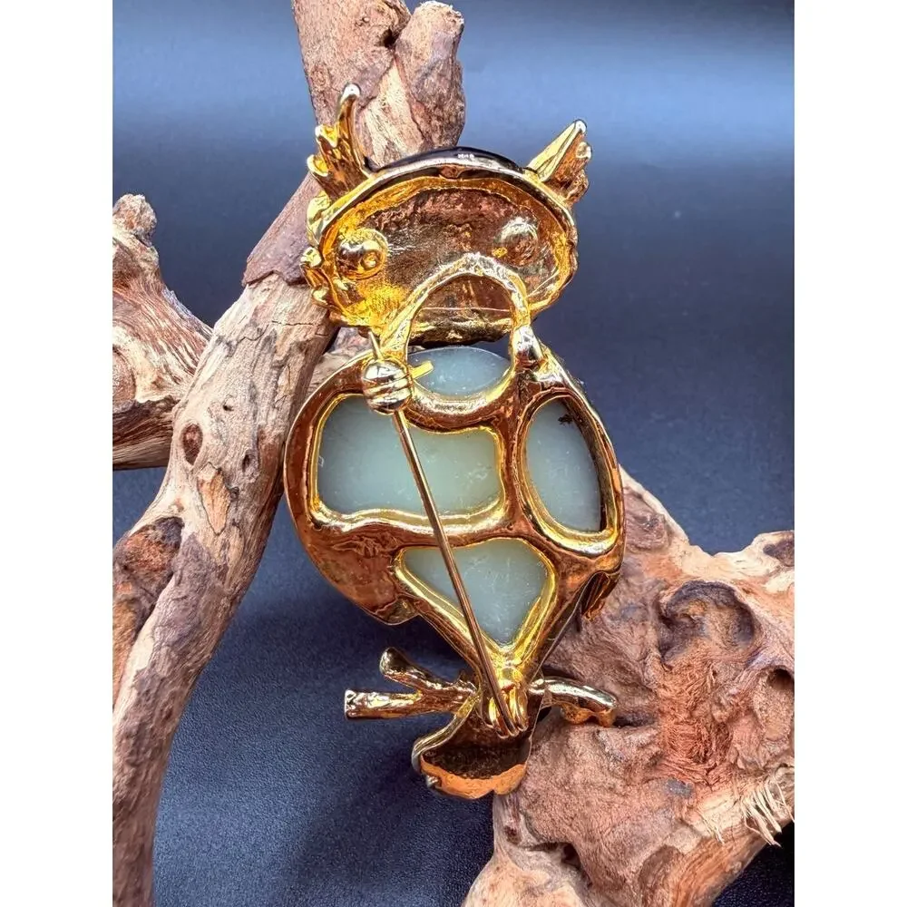 Vintage Gold Tone Black Enameling Owl Brooch W/Vibrant Red Cabochon Eyes